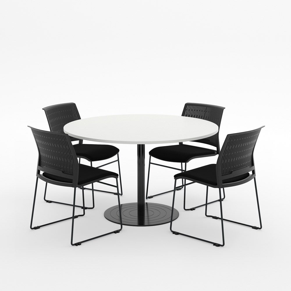 Essentials Meeting Table 1200 dia with Magnus Padded Chair Package-Meeting Room Furniture-Snowdrift-Black Disc-North Island Delivery-Commercial Traders - Office Furniture