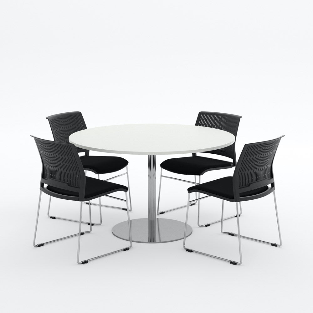 Essentials Meeting Table 1200 dia with Magnus Padded Chair Package-Meeting Room Furniture-Snowdrift-Brushed Chrome Disc-North Island Delivery-Commercial Traders - Office Furniture