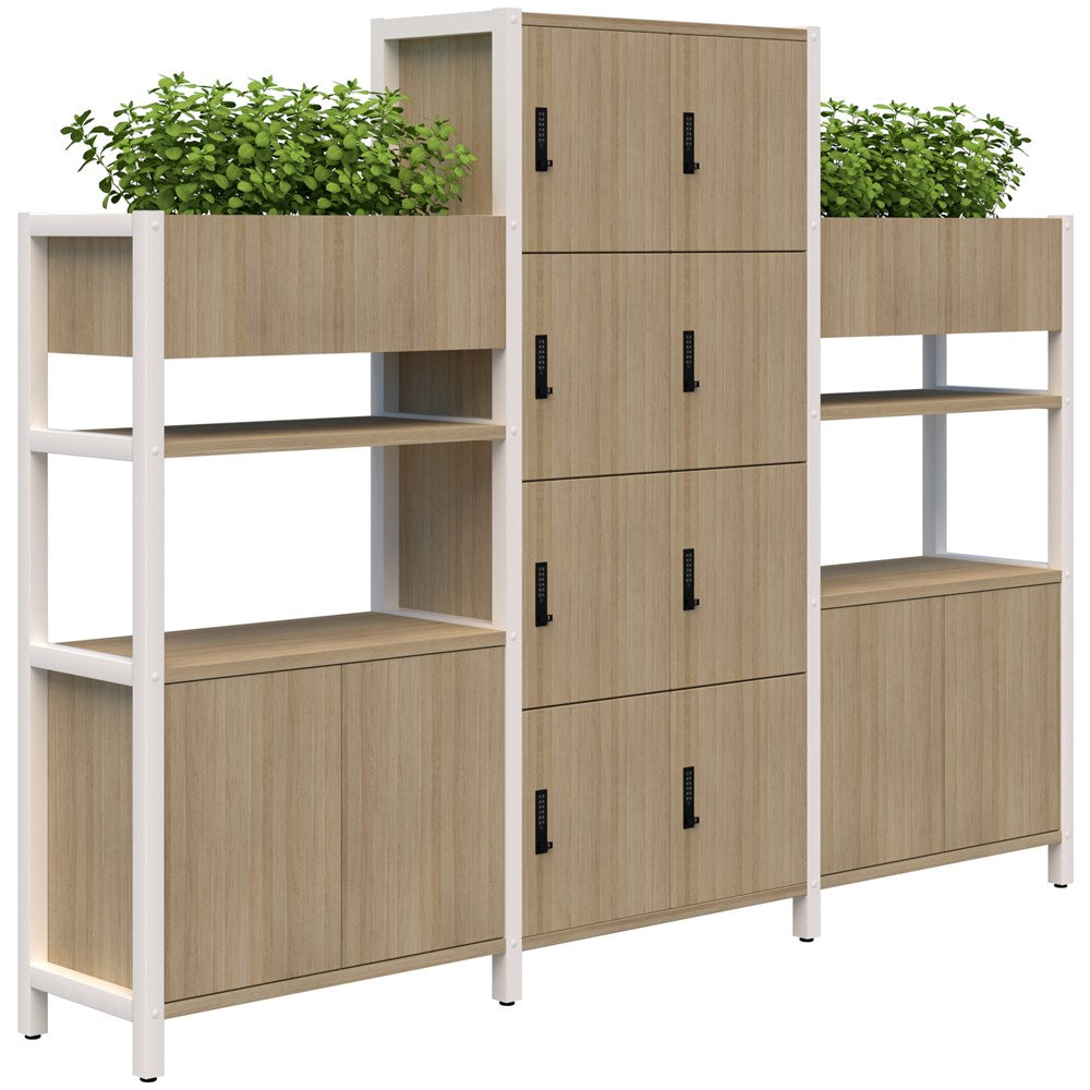 Grid 40 Locker 4H x 4W/Planter Display Wall 4-5 Tier Digital Locking 1500/1890H x 400D-Storage-Classic Oak-White-Digital Lock-Commercial Traders - Office Furniture