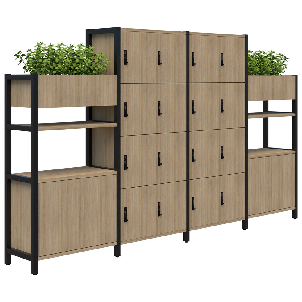 Grid 40 Locker 4H x 4W/Planter Display Wall 4-5 Tier Digital Locking 1500/1890H x 400D-Storage-Classic Oak-Black-Digital Lock-Commercial Traders - Office Furniture