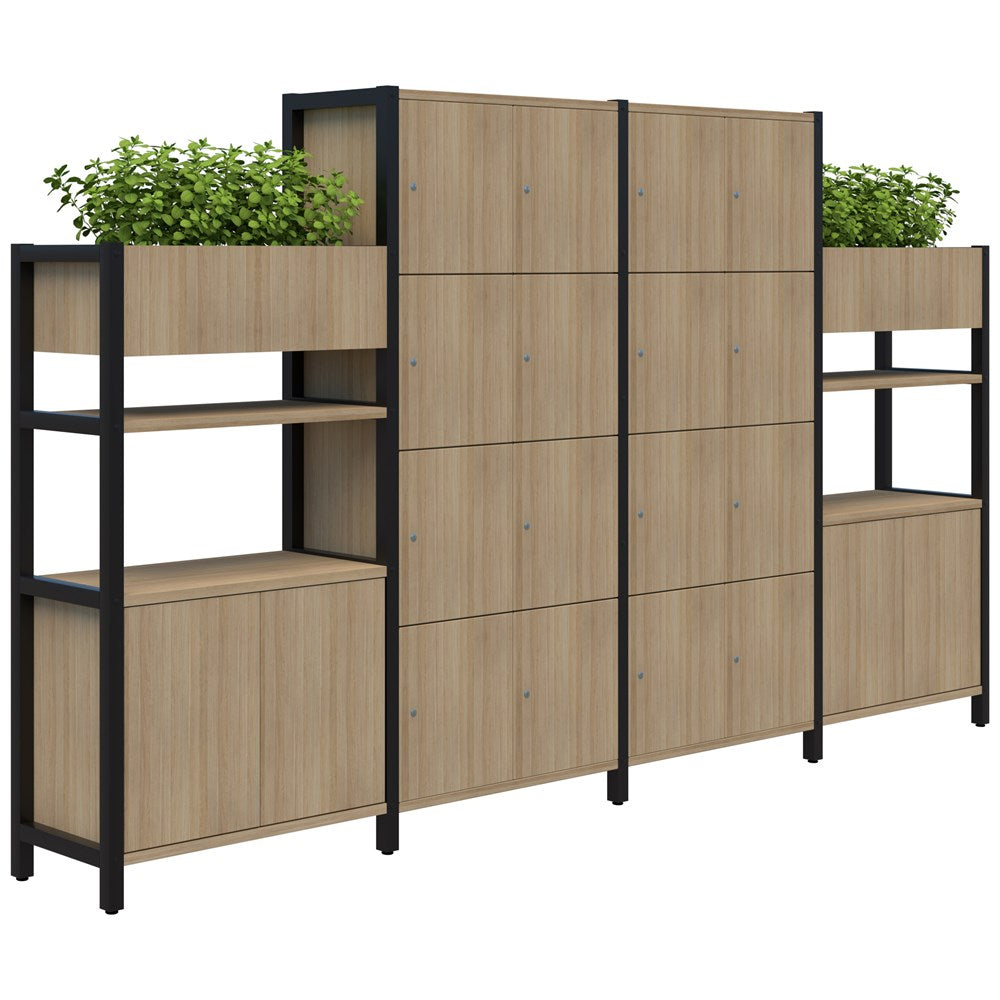 Grid 40 Locker 4H x 4W/Planter Display Wall 4-5 Tier Digital Locking 1500/1890H x 400D-Storage-Classic Oak-Black-Keyed Lock-Commercial Traders - Office Furniture