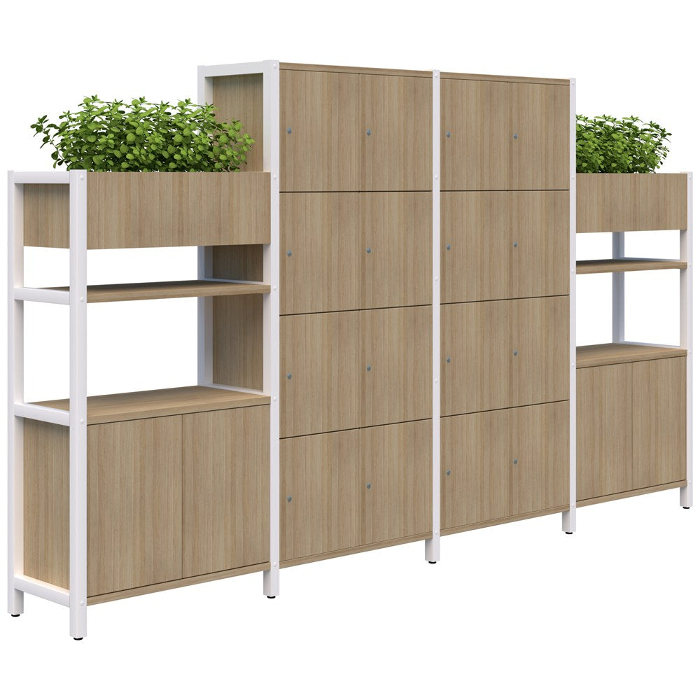 Grid 40 Locker 4H x 4W/Planter Display Wall 4-5 Tier Digital Locking 1500/1890H x 400D-Storage-Classic Oak-White-Keyed Lock-Commercial Traders - Office Furniture