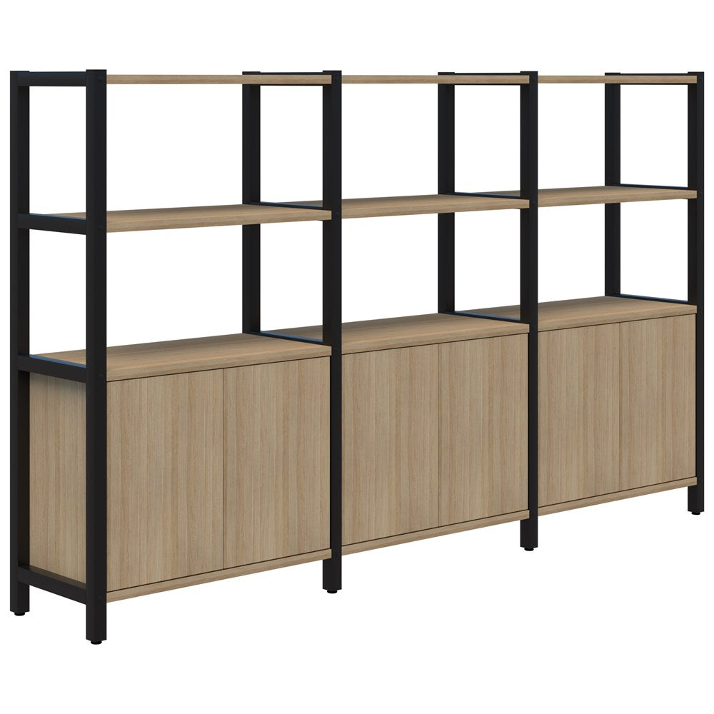 Grid 40 Storage/Open Display Wall 4 Tier 1500H x 400D-Storage-Classic Oak-Black-2560w-Commercial Traders - Office Furniture