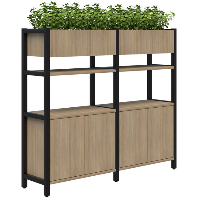 Grid 40 Storage/Planter Display Wall 4 Tier 1500H x 400D-Storage-Classic Oak-Black-1720w-Commercial Traders - Office Furniture