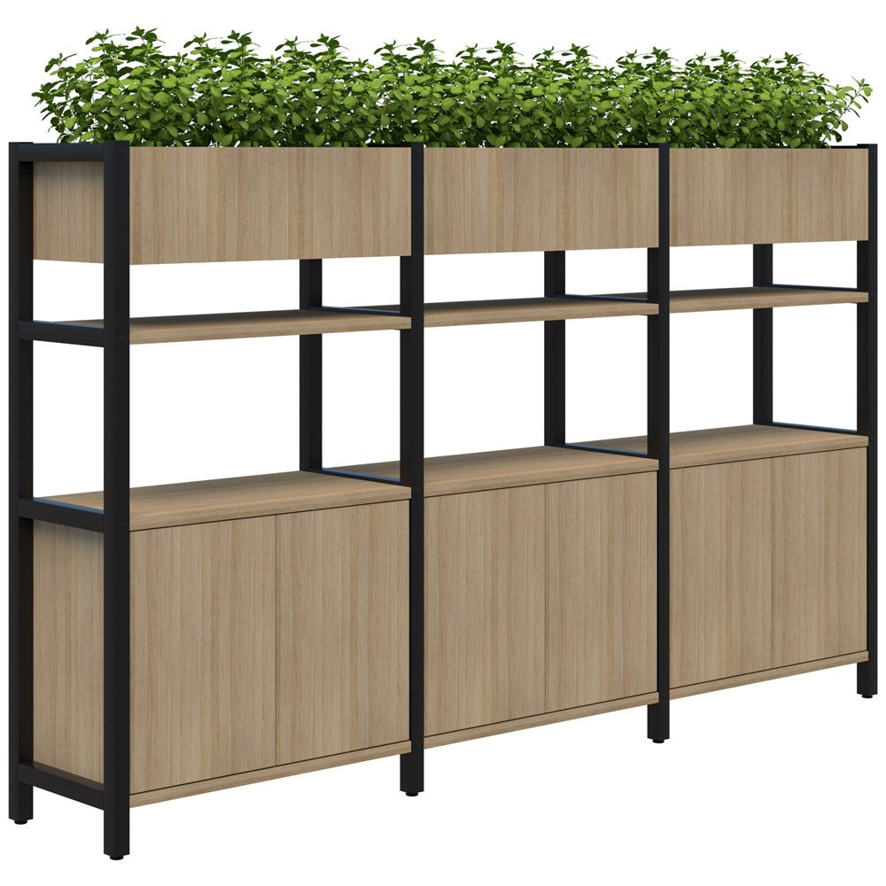 Grid 40 Storage/Planter Display Wall 4 Tier 1500H x 400D-Storage-Classic Oak-Black-2560w-Commercial Traders - Office Furniture
