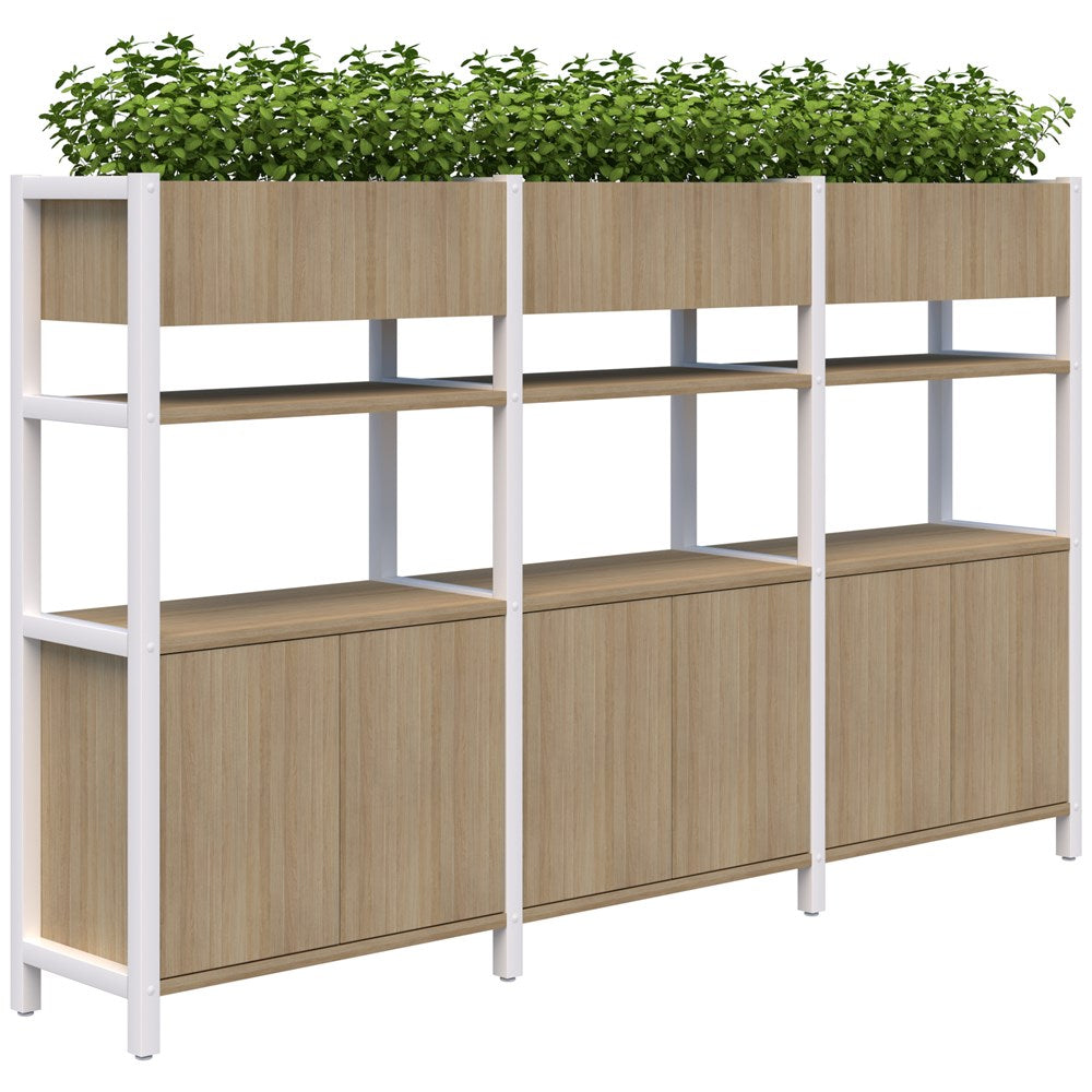 Grid 40 Storage/Planter Display Wall 4 Tier 1500H x 400D-Storage-Classic Oak-White-2560w-Commercial Traders - Office Furniture