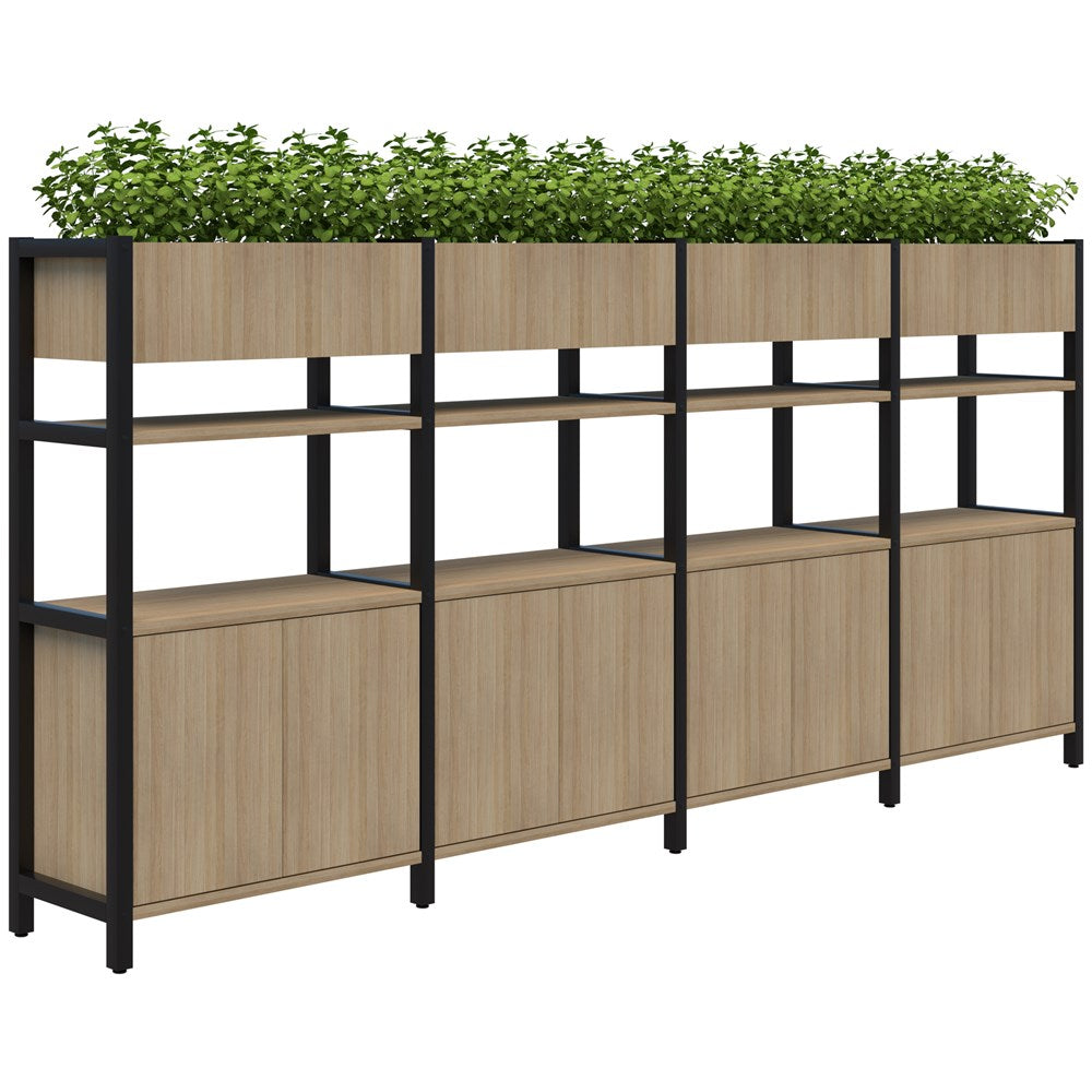 Grid 40 Storage/Planter Display Wall 4 Tier 1500H x 400D-Storage-Classic Oak-Black-3400w-Commercial Traders - Office Furniture