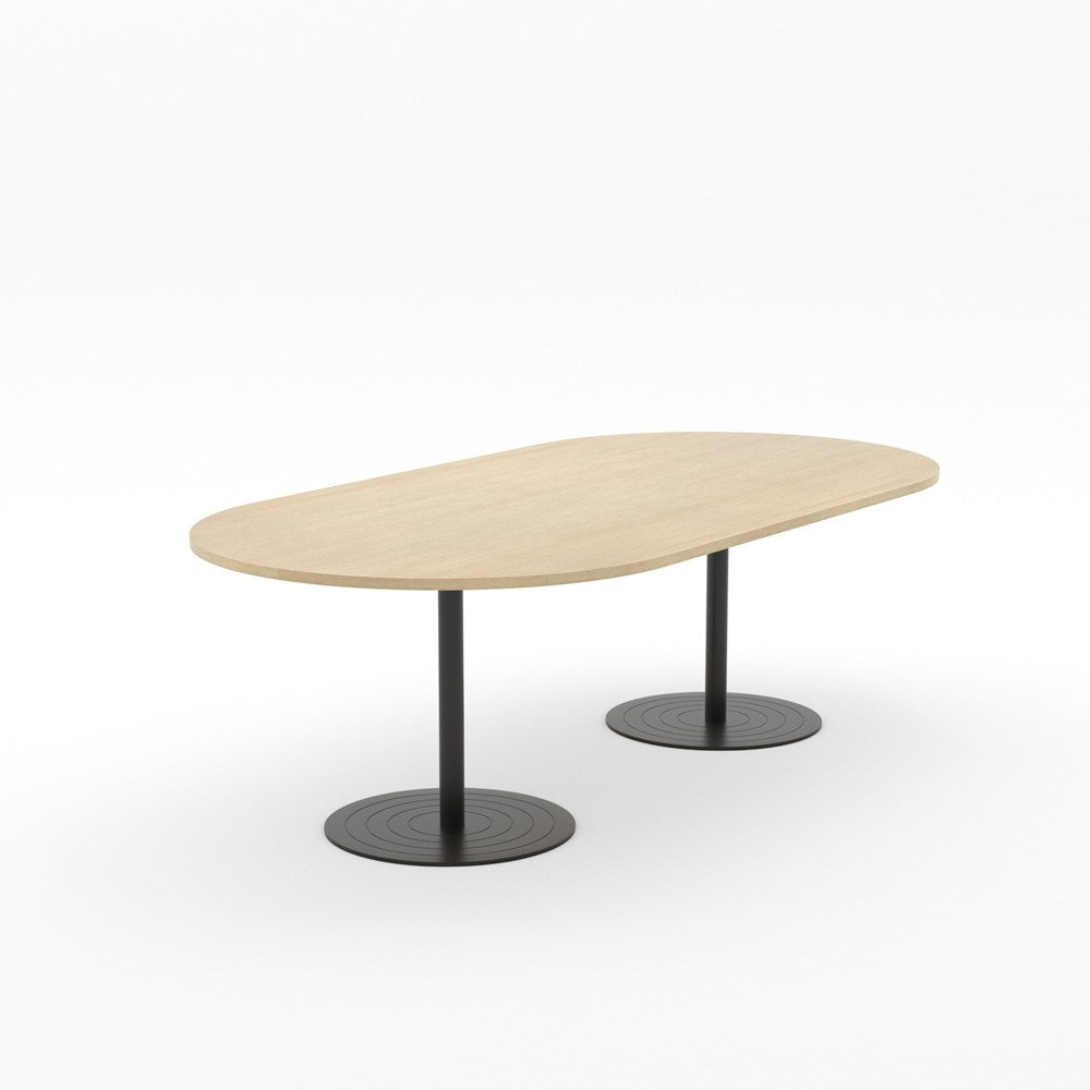 Essentials Table 2400 x 1200 - D End-Meeting Room Furniture-Refined Oak-Black Disc Base-North Island-Commercial Traders - Office Furniture