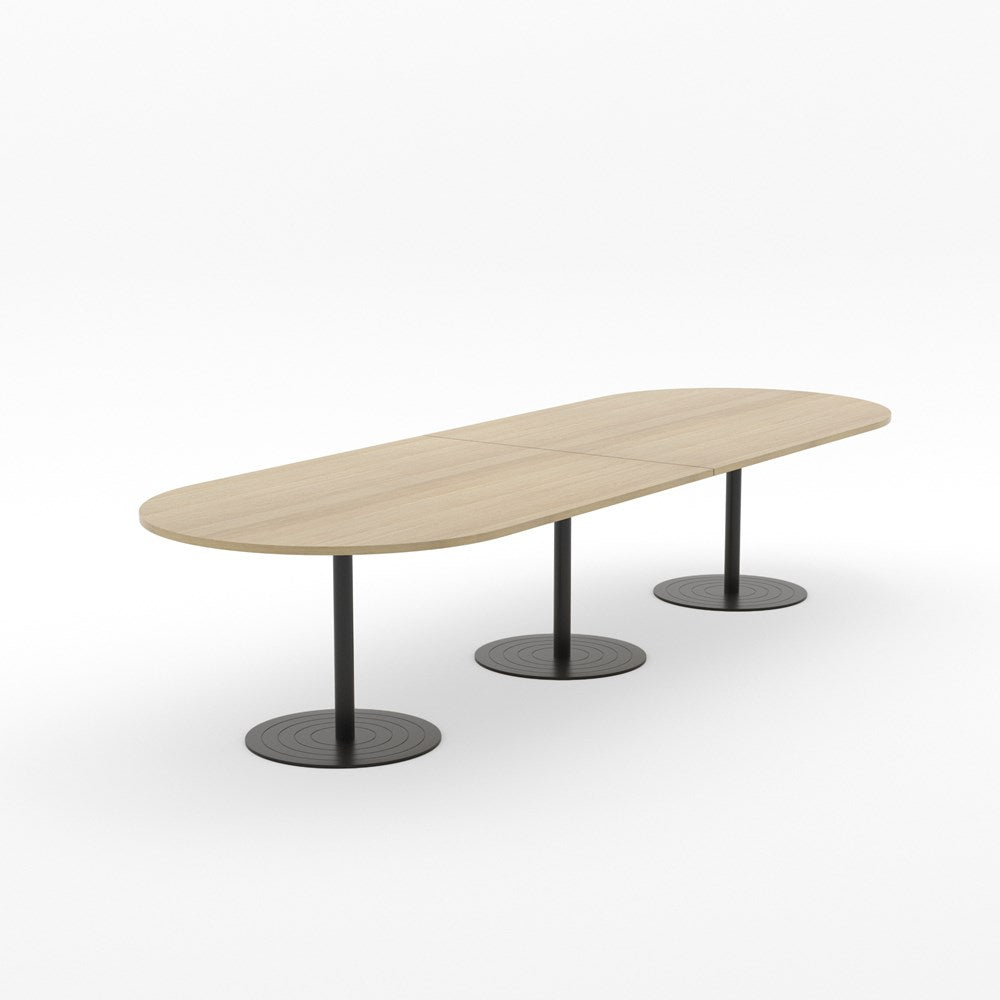 Essentials Table 3600 x 1200 - D End-Meeting Room Furniture-Classic Oak-Black Disc Base-North Island Delivery-Commercial Traders - Office Furniture