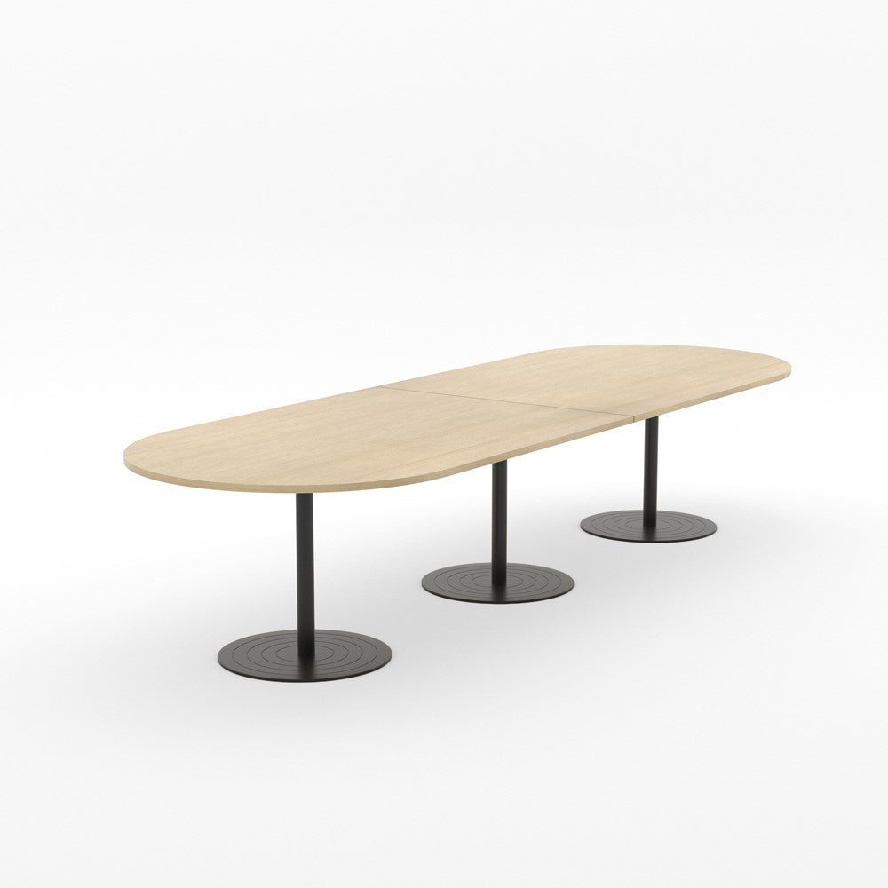 Essentials Table 3600 x 1200 - D End-Meeting Room Furniture-Refined Oak-Black Disc Base-North Island Delivery-Commercial Traders - Office Furniture