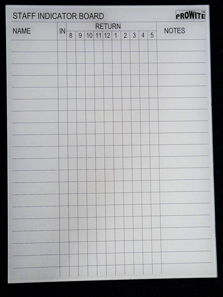 Prowite Glass Board Printed Magnetic Staff Indicator 450 x 600 White-Glass Writing Boards-Default-Commercial Traders - Office Furniture