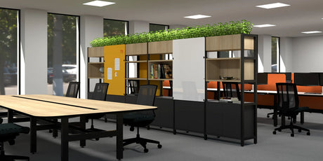 Grid 40 modular office storage with cupboards display shelves whiteboards and planters