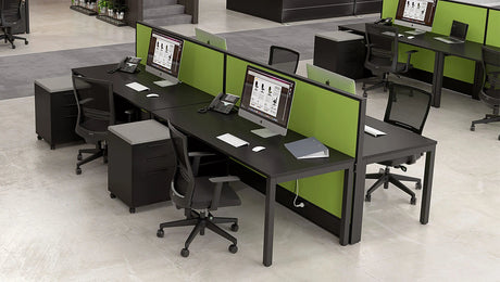 cubit straight desk with black top and legs and studio 50 partition in green
