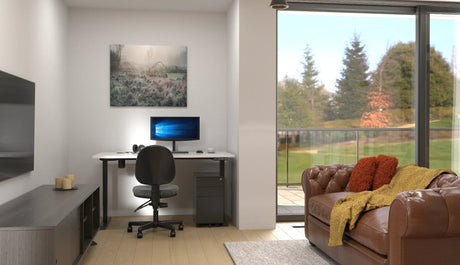Duo Boost Desk with white top and base in a home setting
