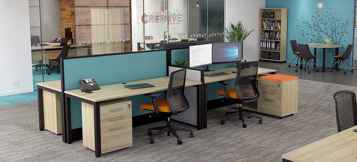 cubit office furniture range with Atlantic oak tops and black frame