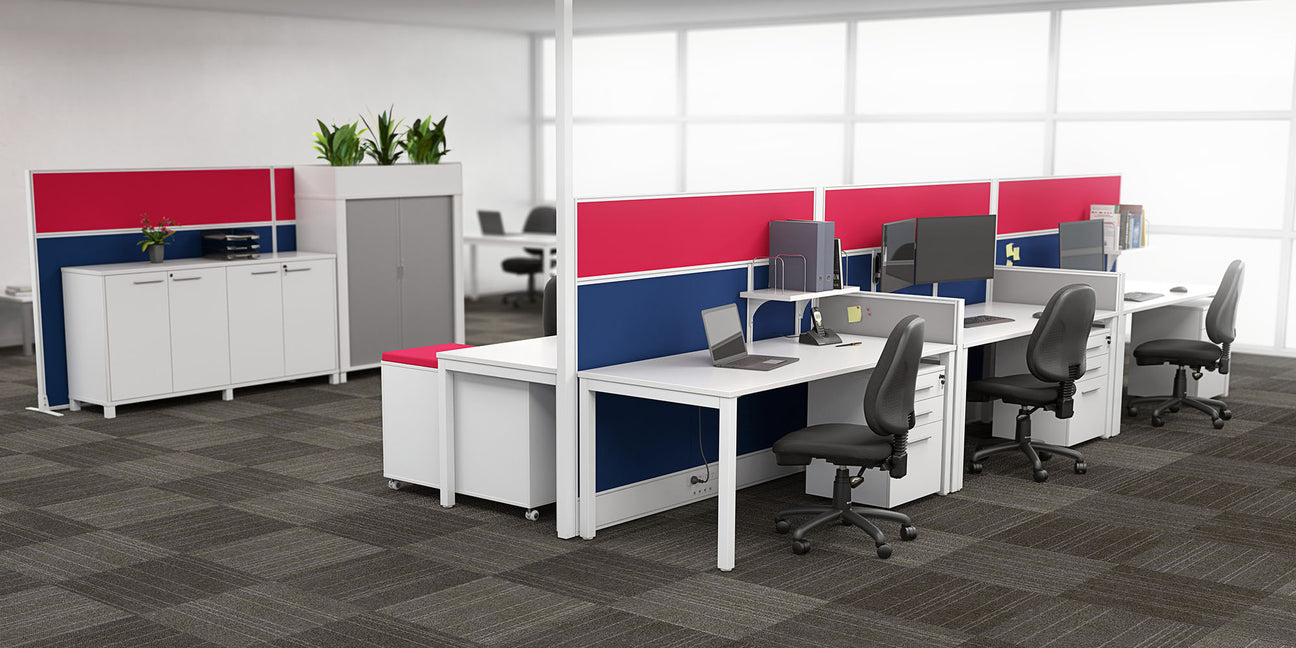 Cubit white desks with studio 50 partitions that have white trim