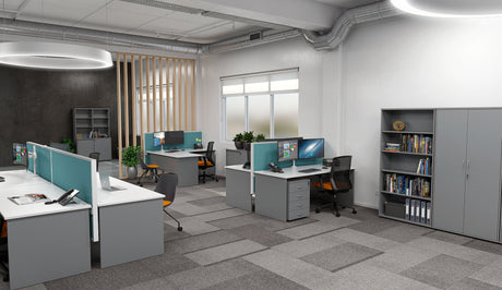 Ergoplan Range of office furniture shown with white tops and silver base