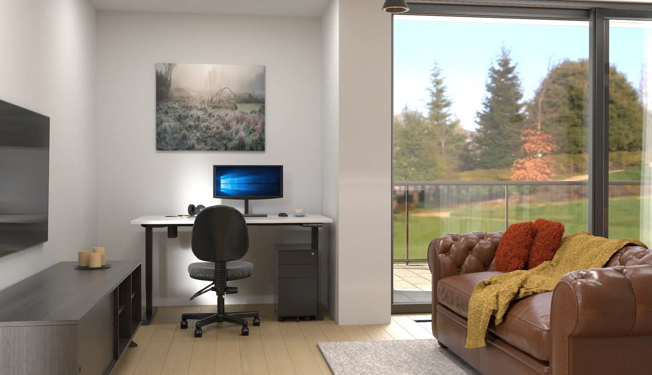 Duo Boost Desk with white top and base in a home setting