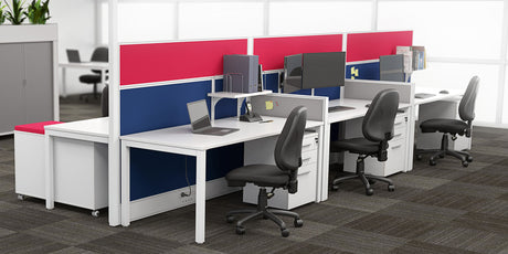 Studio 50 partitions in red and blue with white trim. Cubit desks with white top and white frame