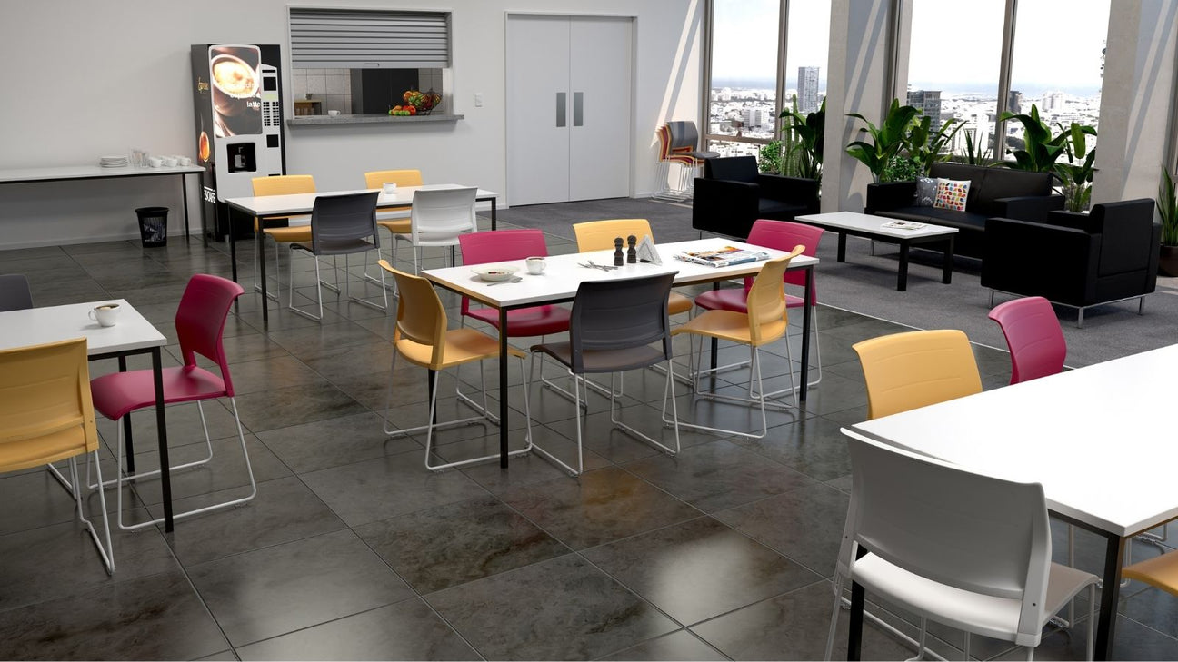 lunchroom setting with the ergoplan canteen table and mote chair with the neo sofa in the background