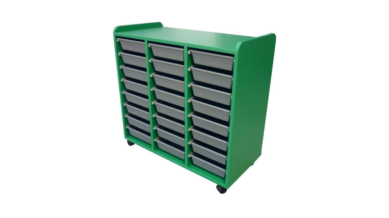 school storage with green shell and grey tote trays