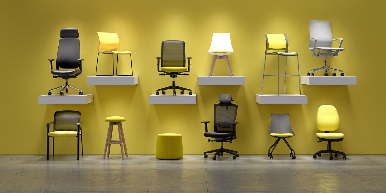 a range of office chairs all with yellow fabric on a yellow back ground