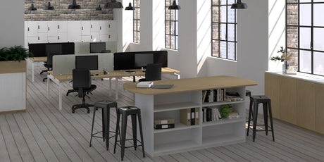 Office storage furniture white and oak colours, situated in an open plan office