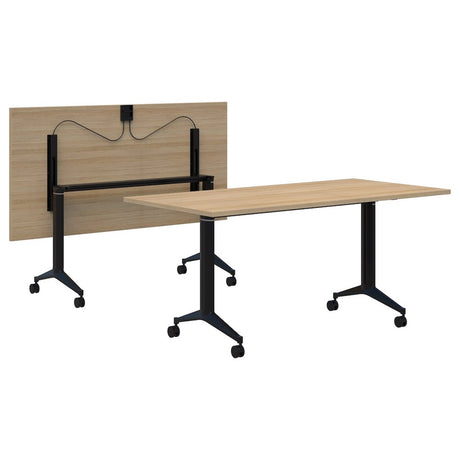 Boost Flip Table-Meeting Room Furniture-1500 x 750-Classic Oak-Black-Commercial Traders - Office Furniture