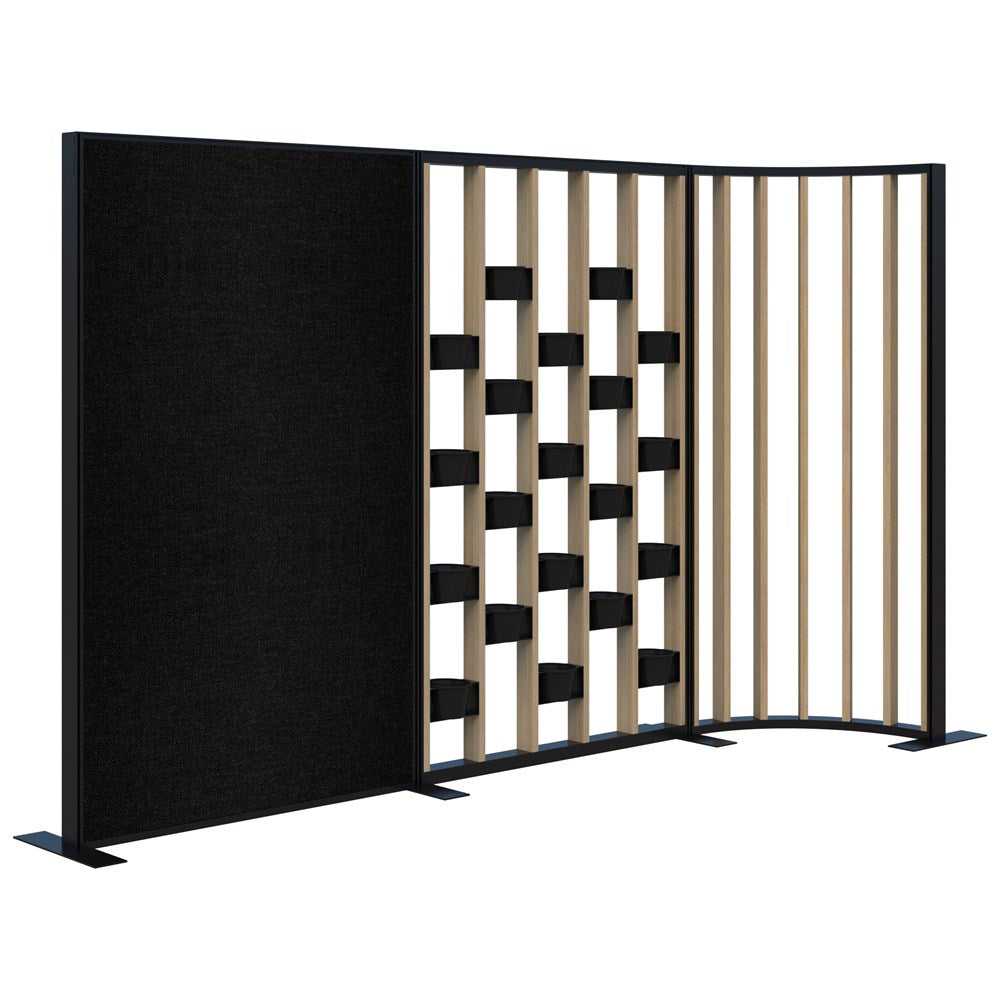 Connect 70 - Freestanding/Fabric/Planter/Curved 1890H x 3025L-Office Partitons-Classic Oak with Black Frame-Keylargo Ebony-Commercial Traders - Office Furniture
