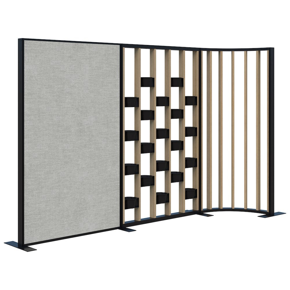 Connect 70 - Freestanding/Fabric/Planter/Curved 1890H x 3025L-Office Partitons-Classic Oak with Black Frame-Keylargo Zinc-Commercial Traders - Office Furniture