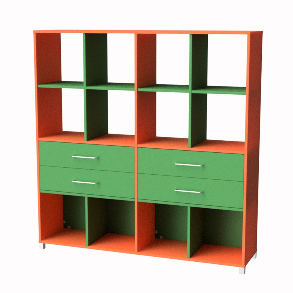 Storage Unit 12 Cube 4 Drawer-Education Furniture-Orange/Green-Commercial Traders - Office Furniture