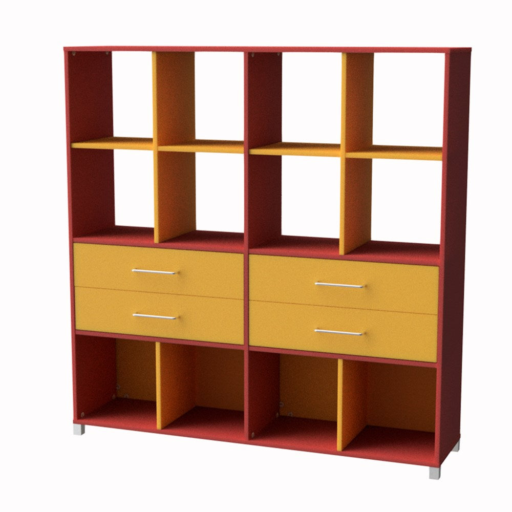 Storage Unit 12 Cube 4 Drawer-Education Furniture-Red/Yellow-Commercial Traders - Office Furniture
