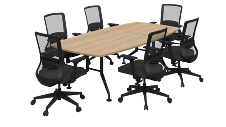 Shot Table Barrel Shape - 2400 x 1200 And Elon Chair Package-Meeting Room Furniture-Classic Oak-Black-Commercial Traders - Office Furniture