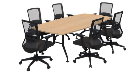 Shot Table Barrel Shape - 2400 x 1200 And Elon Chair Package-Meeting Room Furniture-Refined Oak-Black-Commercial Traders - Office Furniture