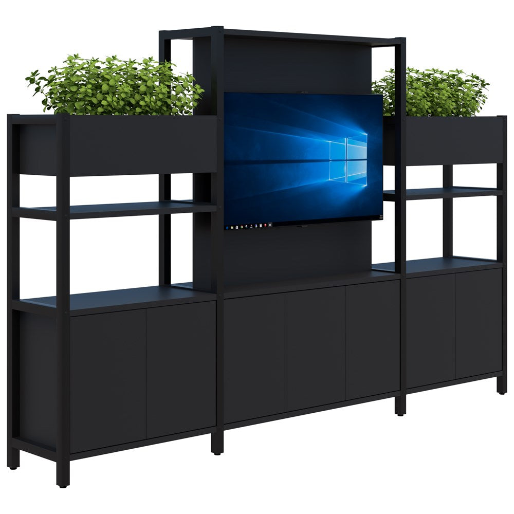 Grid 40 TV/Planter Display Wall 1500/1890H x 400D-Storage-Black-Black-2960 mm-Commercial Traders - Office Furniture