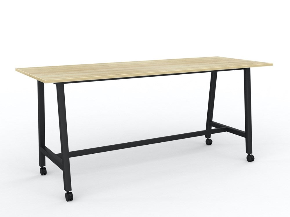 Cubit Bar Leaner with Castors-Meeting Room Furniture-2400 x 900-Atlantic Oak-Black-Commercial Traders - Office Furniture