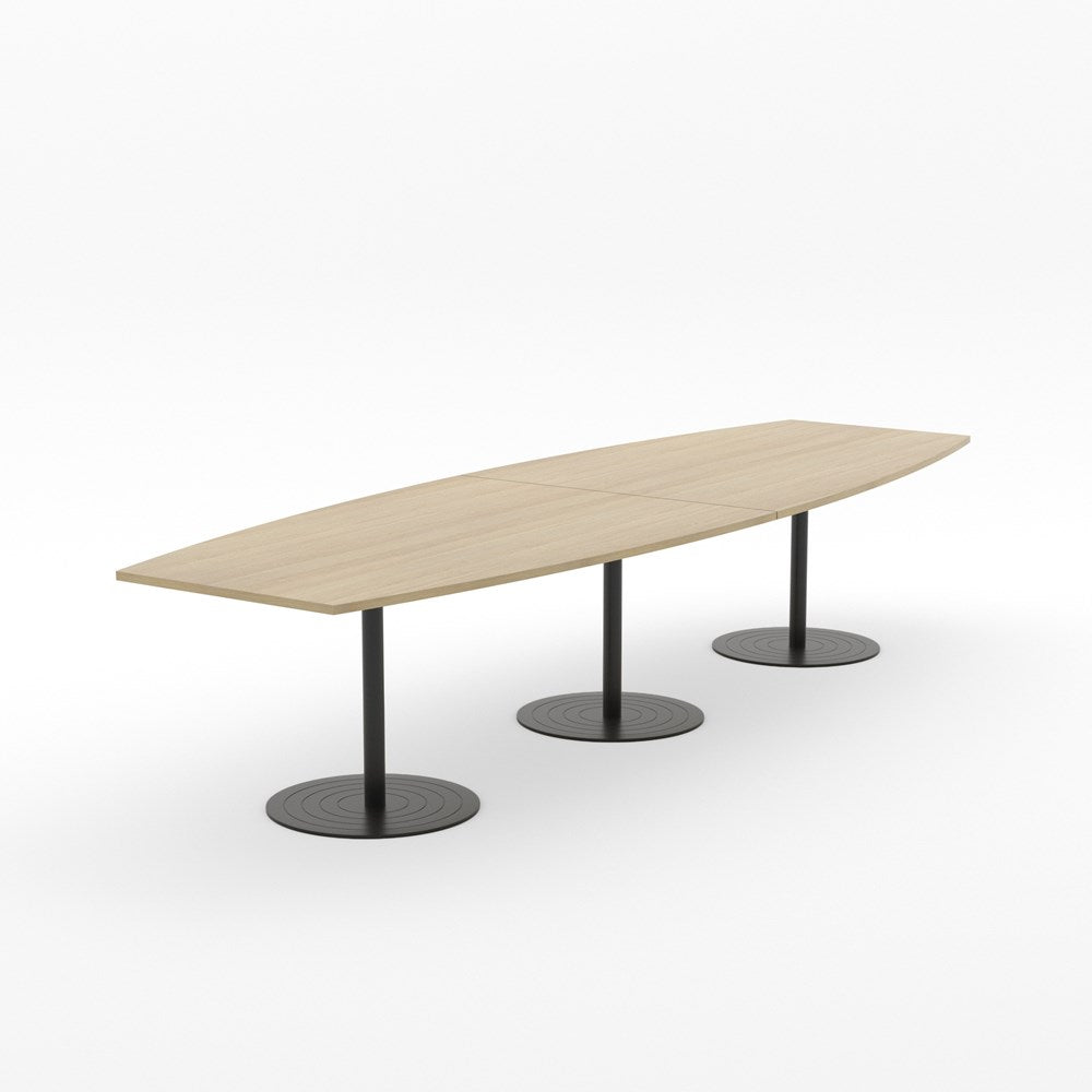 Essentials Table 3600 x 1200 - Barrel-Meeting Room Furniture-Classic Oak-Black Disc Base-North Island Delivery-Commercial Traders - Office Furniture