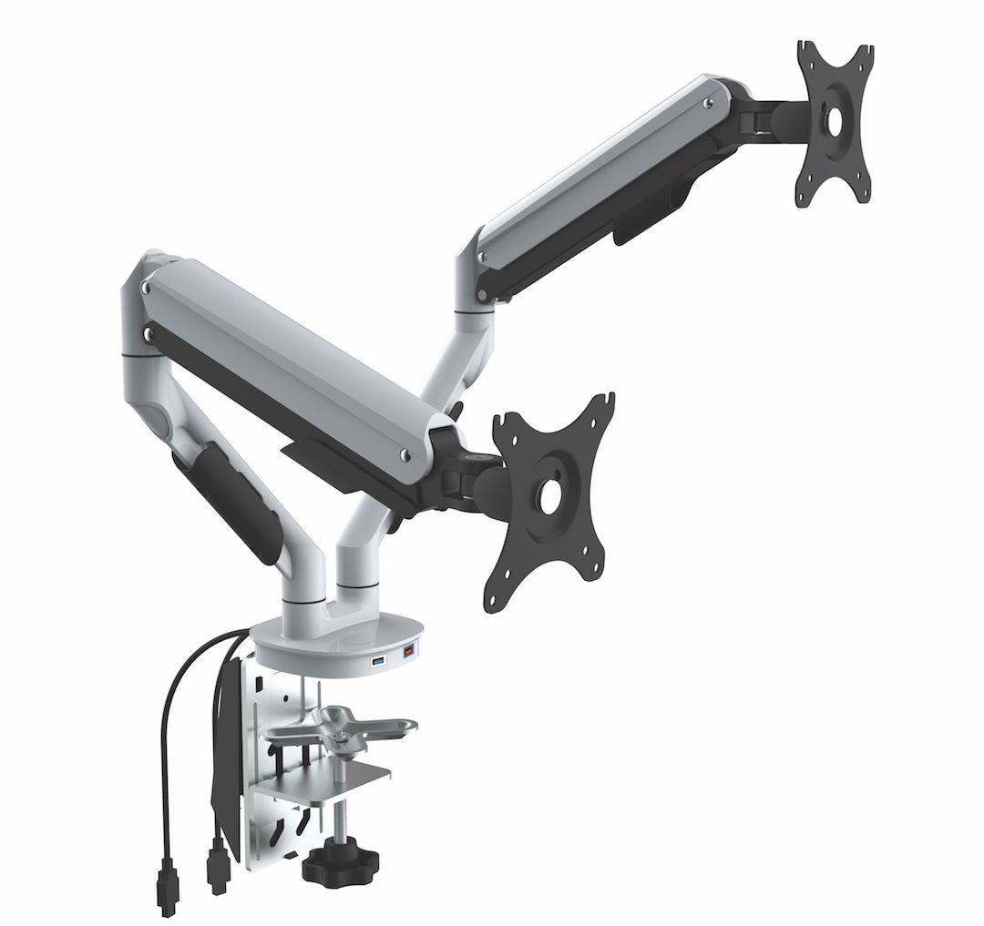 Cutlass Gaslift Dual Monitor Arm With USB Charging-Ergonomic Accessories-White-No Laptop Adaptor Thanks-Commercial Traders - Office Furniture